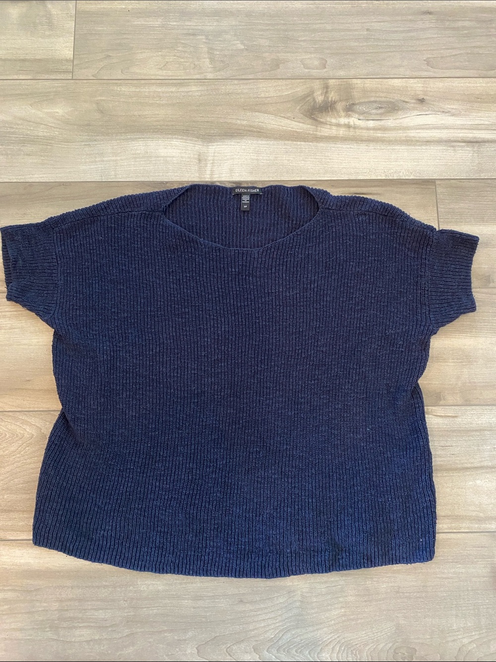 EILEEN FISHER Navy Short-Sleeve Crewneck Knit Sweater. Size small.